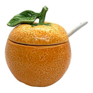 Vintage Handcrafted Ceramic Orange Pot with Lid & Dosing Spoon - Adorable Find!